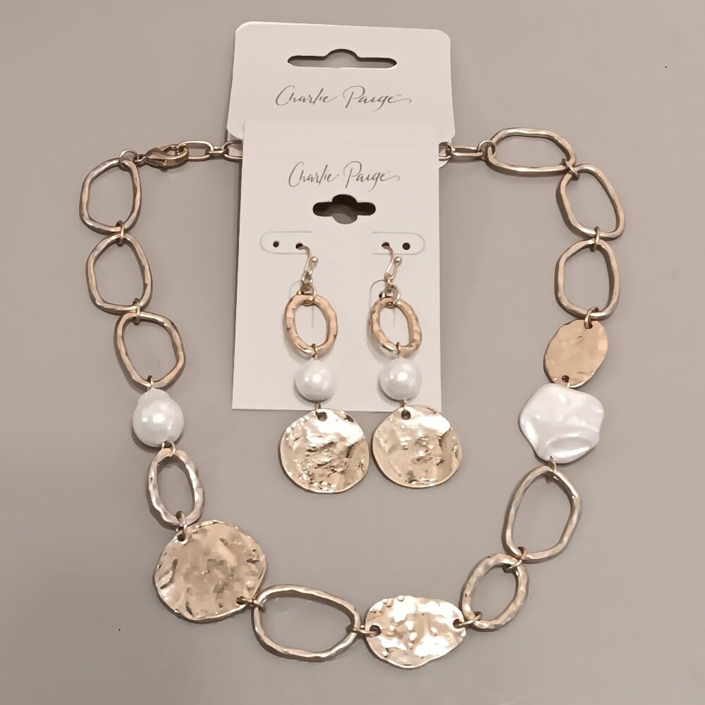 Charlie Paige women's set gold tone coin faux blister pearl necklace & earrings